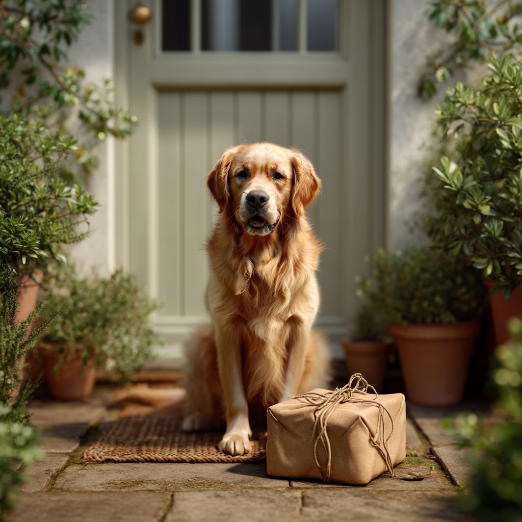 Hund wartet mit einem Paket vor der Haustür