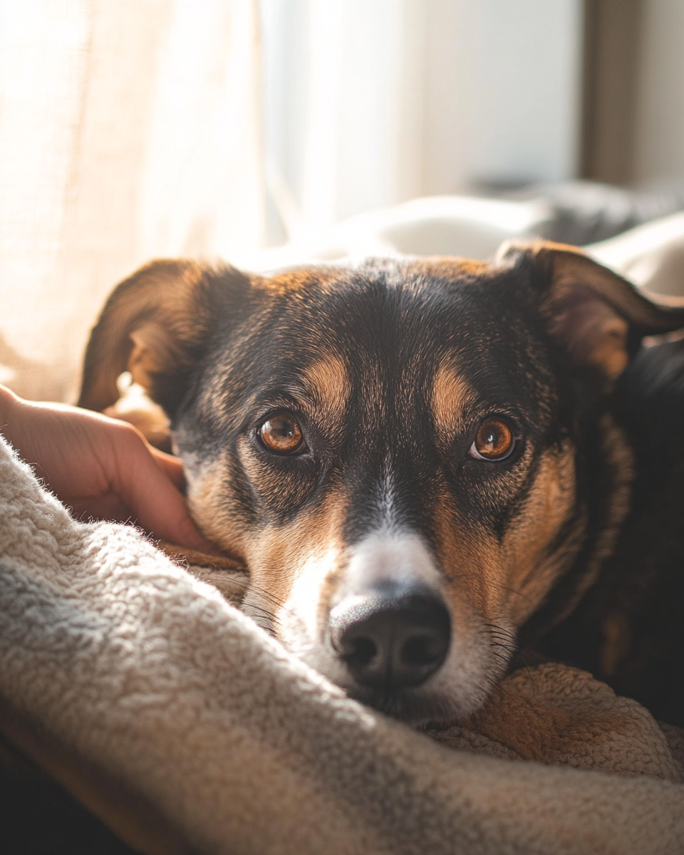 Hund liegt auf einer Decke und wird gestreichelt
